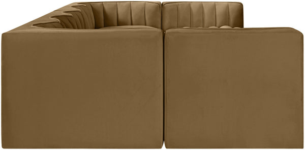 Meridian Furniture Rummi Seven Piece Modular Sectional Channel Tufted Velvet Performance Fabric Seating 660Saddle-Sec7B