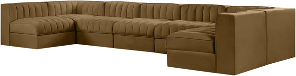 Meridian Furniture Rummi Seven Piece Modular Sectional Channel Tufted Velvet Performance Fabric Seating 660Saddle-Sec7B