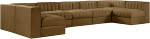 Meridian Furniture Rummi Seven Piece Modular Sectional Channel Tufted Velvet Performance Fabric Seating 660Saddle-Sec7B