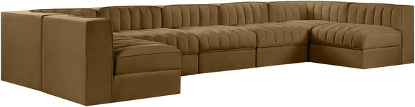 Meridian Furniture Rummi Seven Piece Modular Sectional Channel Tufted Velvet Performance Fabric Seating 660Saddle-Sec7B