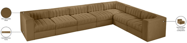 Meridian Furniture Rummi Seven Piece Modular Sectional with Channel Tufted Saddle Velvet Performance Fabric 660Saddle-Sec7C