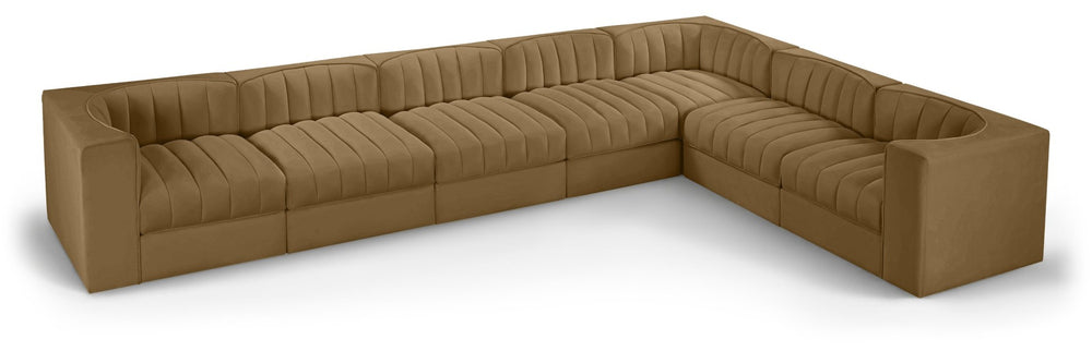 Meridian Furniture Rummi Seven Piece Modular Sectional with Channel Tufted Saddle Velvet Performance Fabric 660Saddle-Sec7C
