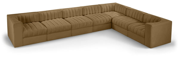 Meridian Furniture Rummi Seven Piece Modular Sectional with Channel Tufted Saddle Velvet Performance Fabric 660Saddle-Sec7C