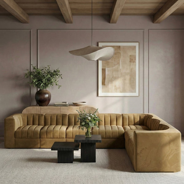 Meridian Furniture Rummi Seven Piece Modular Sectional with Channel Tufted Saddle Velvet Performance Fabric 660Saddle-Sec7C
