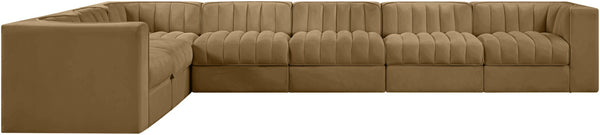 Meridian Furniture Rummi Seven Piece Modular Sectional with Channel Tufted Saddle Velvet Performance Fabric 660Saddle-Sec7C