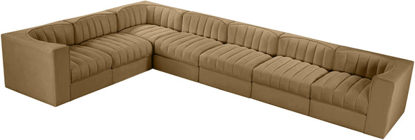 Meridian Furniture Rummi Seven Piece Modular Sectional with Channel Tufted Saddle Velvet Performance Fabric 660Saddle-Sec7C