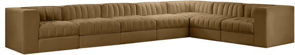 Meridian Furniture Rummi Seven Piece Modular Sectional with Channel Tufted Saddle Velvet Performance Fabric 660Saddle-Sec7C