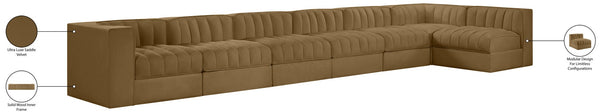 Meridian Furniture Rummi Seven Piece Modular Sectional Channel Tufted Velvet Performance Fabric Sofa 660Saddle-Sec7D