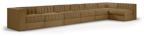 Meridian Furniture Rummi Seven Piece Modular Sectional Channel Tufted Velvet Performance Fabric Sofa 660Saddle-Sec7D