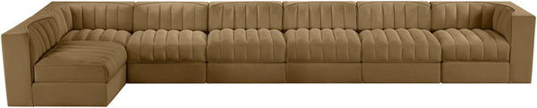 Meridian Furniture Rummi Seven Piece Modular Sectional Channel Tufted Velvet Performance Fabric Sofa 660Saddle-Sec7D