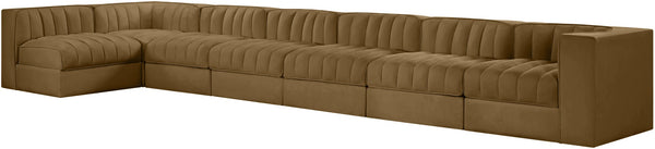 Meridian Furniture Rummi Seven Piece Modular Sectional Channel Tufted Velvet Performance Fabric Sofa 660Saddle-Sec7D