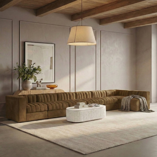 Meridian Furniture Rummi Seven Piece Modular Sectional Channel Tufted Velvet Performance Fabric Sofa 660Saddle-Sec7D