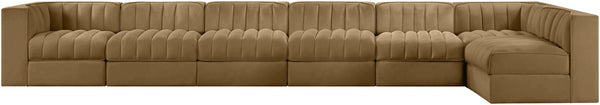 Meridian Furniture Rummi Seven Piece Modular Sectional Channel Tufted Velvet Performance Fabric Sofa 660Saddle-Sec7D