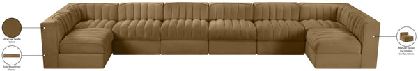 Meridian Furniture Rummi Eight Piece Channel Tufted Velvet Modular Sectional for Open Living Spaces 660Saddle-Sec8A