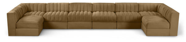 Meridian Furniture Rummi Eight Piece Channel Tufted Velvet Modular Sectional for Open Living Spaces 660Saddle-Sec8A