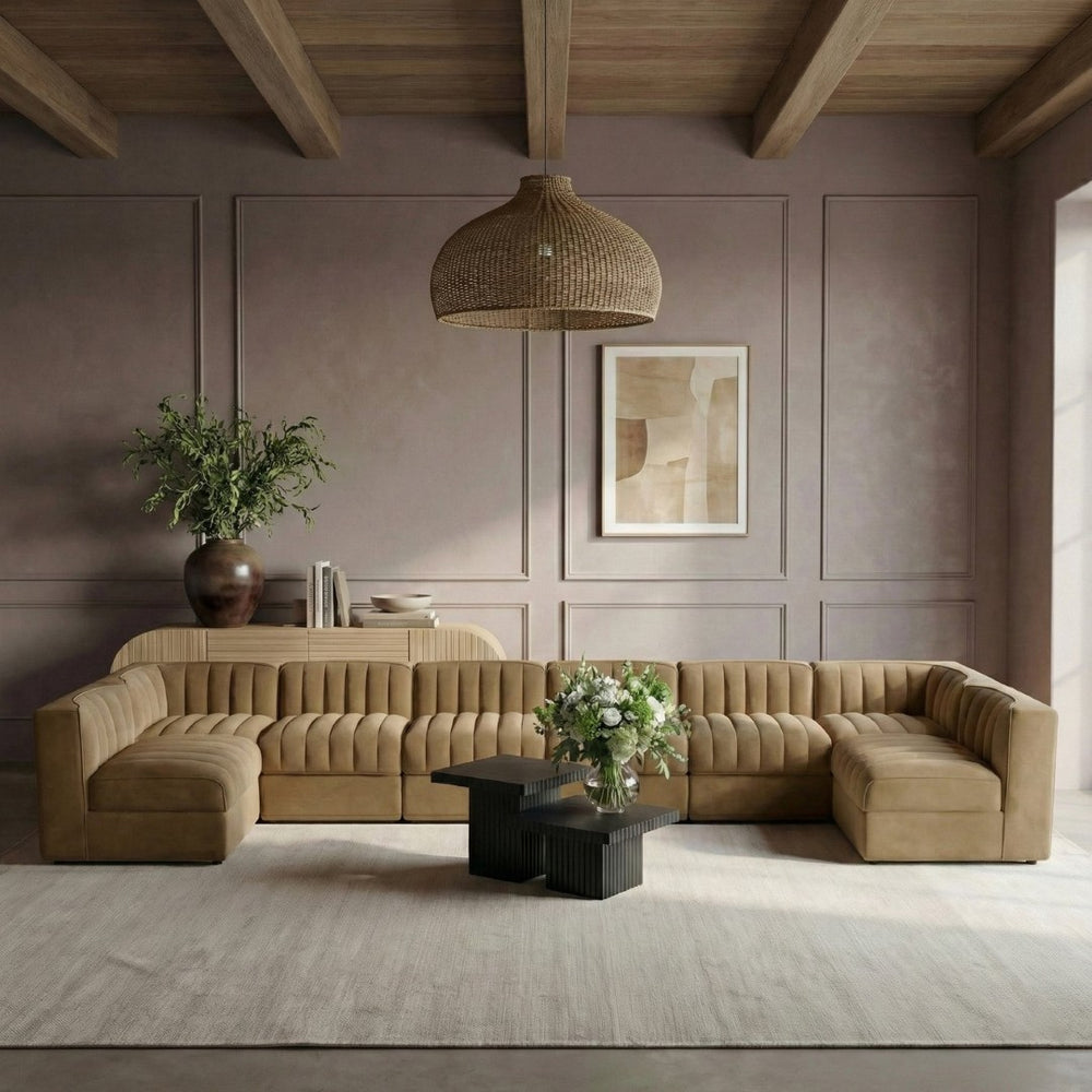 Meridian Furniture Rummi Eight Piece Channel Tufted Velvet Modular Sectional for Open Living Spaces 660Saddle-Sec8A