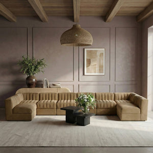 Meridian Furniture Rummi Eight Piece Channel Tufted Velvet Modular Sectional for Open Living Spaces 660Saddle-Sec8A