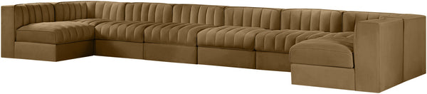Meridian Furniture Rummi Eight Piece Channel Tufted Velvet Modular Sectional for Open Living Spaces 660Saddle-Sec8A