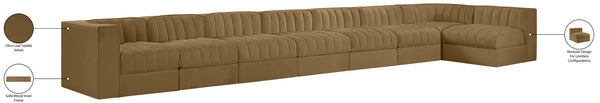 Meridian Furniture Rummi Eight Piece Modular Sectional Saddle Velvet Channel Tufted Living Room Sofa 660Saddle-Sec8D