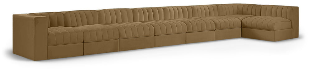 Meridian Furniture Rummi Eight Piece Modular Sectional Saddle Velvet Channel Tufted Living Room Sofa 660Saddle-Sec8D