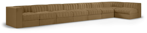 Meridian Furniture Rummi Eight Piece Modular Sectional Saddle Velvet Channel Tufted Living Room Sofa 660Saddle-Sec8D
