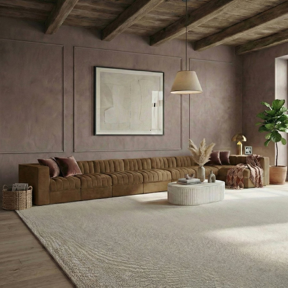 Meridian Furniture Rummi Eight Piece Modular Sectional Saddle Velvet Channel Tufted Living Room Sofa 660Saddle-Sec8D