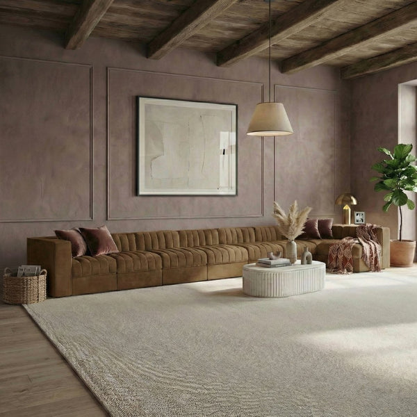 Meridian Furniture Rummi Eight Piece Modular Sectional Saddle Velvet Channel Tufted Living Room Sofa 660Saddle-Sec8D
