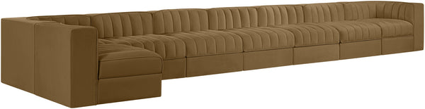 Meridian Furniture Rummi Eight Piece Modular Sectional Saddle Velvet Channel Tufted Living Room Sofa 660Saddle-Sec8D