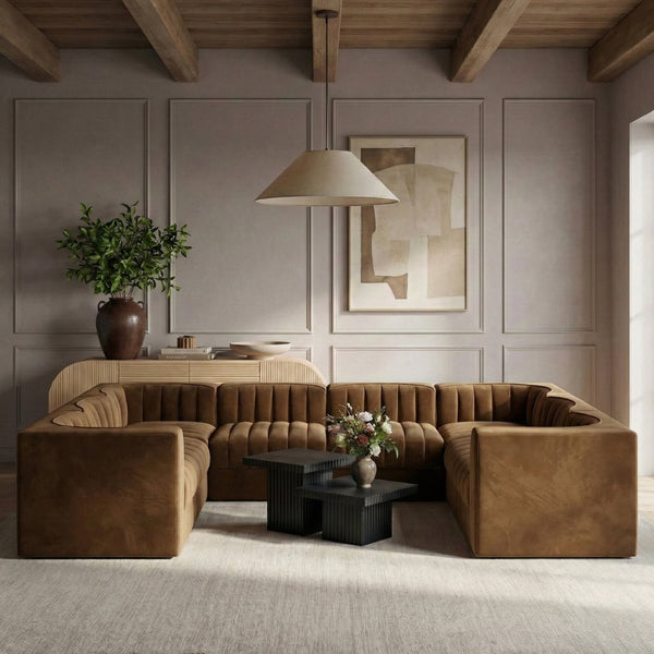 Meridian Furniture Rummi Channel Tufted Velvet Modular Sectional Stain Resistant Lounge Sofa 660Saddle-Sec8E