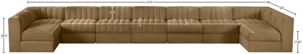 Meridian Furniture Rummi Nine Piece Modular Sectional Velvet Channel Tufted Low Profile Living Room Sofa 660Saddle-Sec9A