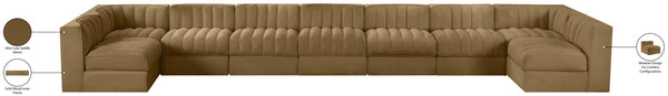 Meridian Furniture Rummi Nine Piece Modular Sectional Velvet Channel Tufted Low Profile Living Room Sofa 660Saddle-Sec9A