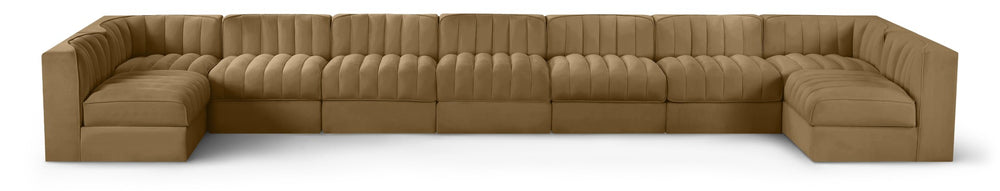 Meridian Furniture Rummi Nine Piece Modular Sectional Velvet Channel Tufted Low Profile Living Room Sofa 660Saddle-Sec9A