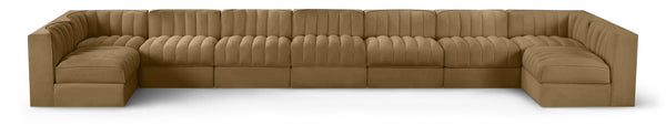 Meridian Furniture Rummi Nine Piece Modular Sectional Velvet Channel Tufted Low Profile Living Room Sofa 660Saddle-Sec9A