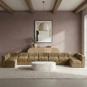 Meridian Furniture Rummi Nine Piece Modular Sectional Velvet Channel Tufted Low Profile Living Room Sofa 660Saddle-Sec9A