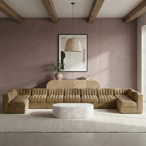 Meridian Furniture Rummi Nine Piece Modular Sectional Velvet Channel Tufted Low Profile Living Room Sofa 660Saddle-Sec9A
