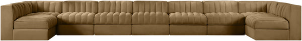 Meridian Furniture Rummi Nine Piece Modular Sectional Velvet Channel Tufted Low Profile Living Room Sofa 660Saddle-Sec9A