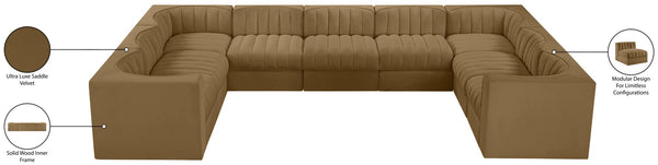 Meridian Furniture Rummi Nine Piece Modular Sectional Velvet Performance Fabric Channel Tufted Sofa 660Saddle-Sec9B