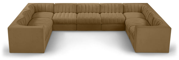 Meridian Furniture Rummi Nine Piece Modular Sectional Velvet Performance Fabric Channel Tufted Sofa 660Saddle-Sec9B