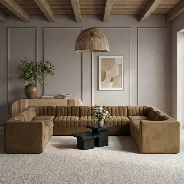 Meridian Furniture Rummi Nine Piece Modular Sectional Velvet Performance Fabric Channel Tufted Sofa 660Saddle-Sec9B