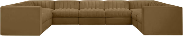 Meridian Furniture Rummi Nine Piece Modular Sectional Velvet Performance Fabric Channel Tufted Sofa 660Saddle-Sec9B