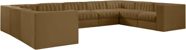 Meridian Furniture Rummi Nine Piece Modular Sectional Velvet Performance Fabric Channel Tufted Sofa 660Saddle-Sec9B