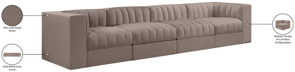 Meridian Furniture Rummi Channel Tufted Modular Sofa Velvet Performance Fabric Four Piece Living Room 660Taupe-S126