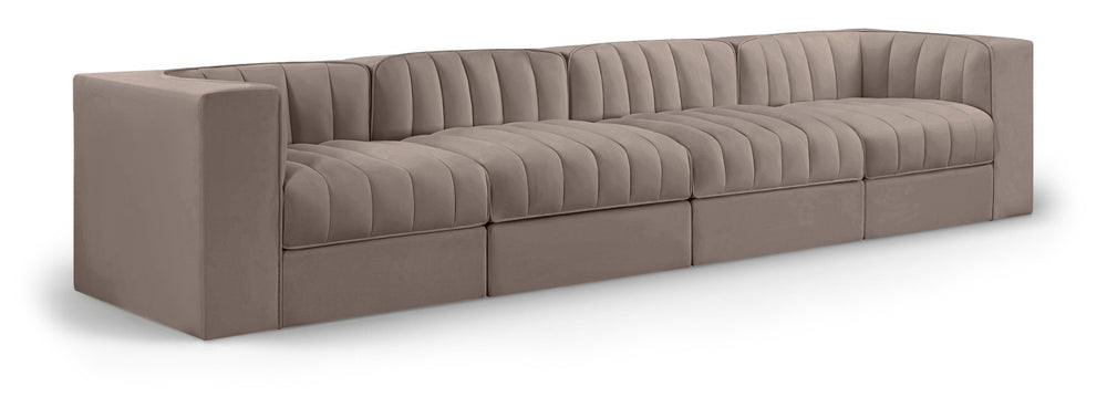 Meridian Furniture Rummi Channel Tufted Modular Sofa Velvet Performance Fabric Four Piece Living Room 660Taupe-S126