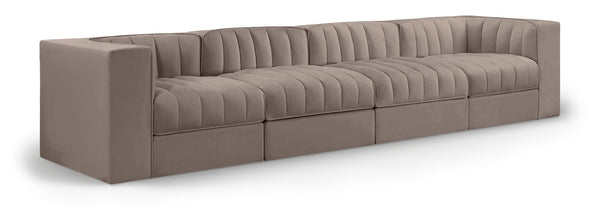 Meridian Furniture Rummi Channel Tufted Modular Sofa Velvet Performance Fabric Four Piece Living Room 660Taupe-S126