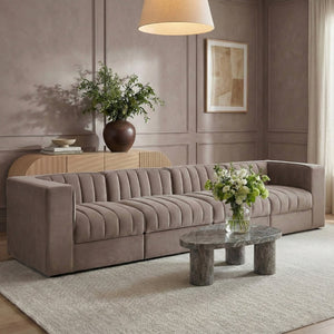 Meridian Furniture Rummi Channel Tufted Modular Sofa Velvet Performance Fabric Four Piece Living Room 660Taupe-S126