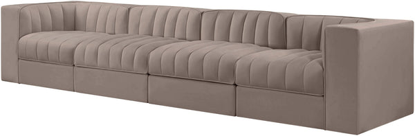 Meridian Furniture Rummi Channel Tufted Modular Sofa Velvet Performance Fabric Four Piece Living Room 660Taupe-S126