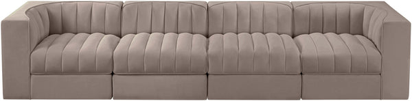 Meridian Furniture Rummi Channel Tufted Modular Sofa Velvet Performance Fabric Four Piece Living Room 660Taupe-S126