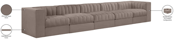 Meridian Furniture Rummi Five Piece Modular Sectional Sofa Velvet Performance Fabric Channel Tufted 660Taupe-S155