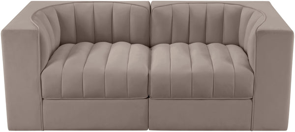 Meridian Furniture Rummi Channel Tufted Modular Loveseat in Stain Resistant Performance Velvet for Modern Living Taupe 68 inches 660Taupe-S68