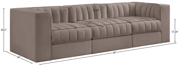 Meridian Furniture Rummi Three Piece Modular Sofa in Stain Resistant Taupe Velvet with Channel Tufting 660Taupe-S97